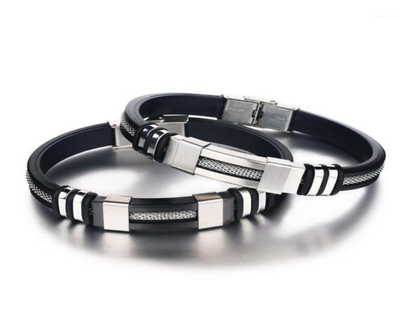 Pulsera negra de silicona de acero inoxidable, pulsera para hombre, estilo punk, nuevo diseño, pulsera para hombre, pulsera de goma simple con dije para Hombre19310683