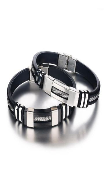 Pulsera negra de silicona de acero inoxidable, pulsera para hombre, estilo punk, nuevo diseño, pulsera para hombre, pulsera de goma Simple con dije para Hombre17363296