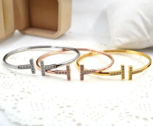 Brazalete de plata de acero inoxidable microscopio circonio doble apertura de letra T pulseras chapadas en oro rosa de 18 k brazalete para mujer joyería de moda Q3