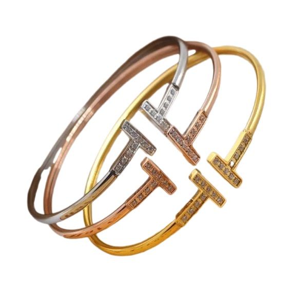 Brazalete de plata de acero inoxidable microscopio circonio doble apertura de letra T pulseras chapadas en oro rosa de 18 k brazalete para mujer joyería de moda Q6