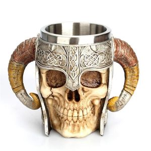 Roestvrijstalen schedel mok viking drinkbeker skelethars bier Stein Tankard koffie mok thee Cup Halloween bar drinkware cadeau 210409