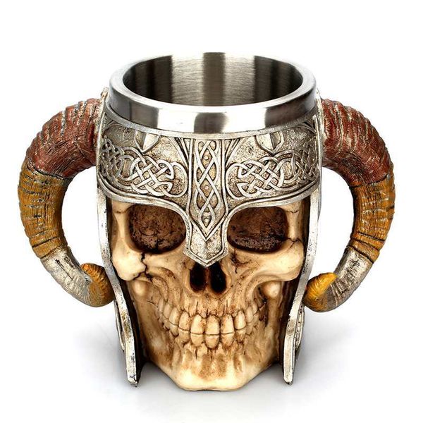 Taza de calavera de acero inoxidable Viking Ram Horned Pit Lord Warrior Cerveza Cuerno de cabra Resina Jarra Tazas de café Taza de té Barra de Halloween Regalo C18112301