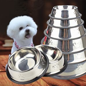 Comederos para perros de metal para perros Cuencos plateados Cuenco antideslizante de goma para mascotas de acero inoxidable SZ512