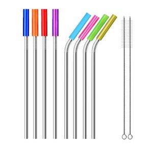 Pailles en acier inoxydable pailles en métal droites et pliées réutilisables avec embouts en silicone barre de brosse de nettoyage paille à boire SN812