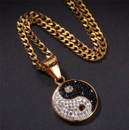 En acier inoxydable Tai Chi Pendant Pave Cz Stone Stone Chinese Style Yin Yang Collier Hip Hop Bijoux avec 24 pouces Cuban Link Chain3078395