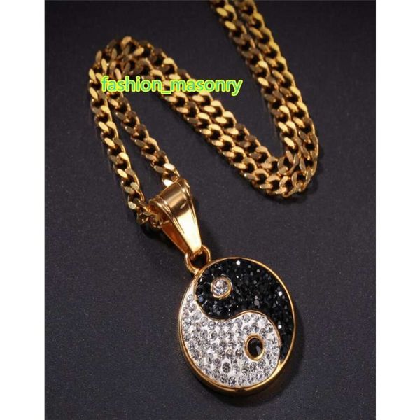 Pendentif Tai Chi en acier inoxydable pavé de pierre CZ, collier Yin Yang de Style chinois, bijoux Hip Hop avec chaîne à maillons cubains de 24 pouces5244709