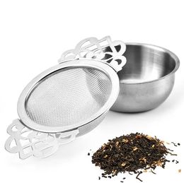 Colador de té de acero inoxidable, filtro de té con taza inferior, filtro a granel de doble asa, colador de té reutilizable, accesorios para tetera