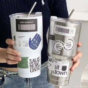 Roestvrijstalen thermische beker voor koffieauto mok vries thermos vacuüm kolf waterfles met stro houden koude tuimelaar 900 ml 240415