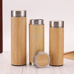 Rvs Thermos Cup Bamboe Shell Mok Outdoor Reizen Sport Houd Warme Cups Business Gift Waterflessen met theezeefjes Bh5590 WHLY