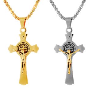 Collier pendentif croix à trois feuilles en acier inoxydable, collier INRI Saint Benoît Saint Jésus