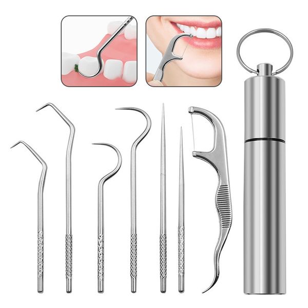 Ensemble de cure-dents en acier inoxydable 7 pièces/ensemble cure-dents en métal réutilisables avec support distributeur outils de cuisine