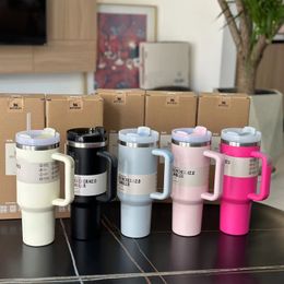 stainless steel tumblers Cups with handle lid and straws Hot Pink Car mugs powder coating outdoor tumbler vacuum insulated drinking water bottles With