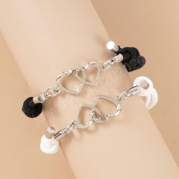 Bracelets de Couple à deux cœurs en acier inoxydable, pour amoureux, amitié, corde tressée, bijoux magnétiques
