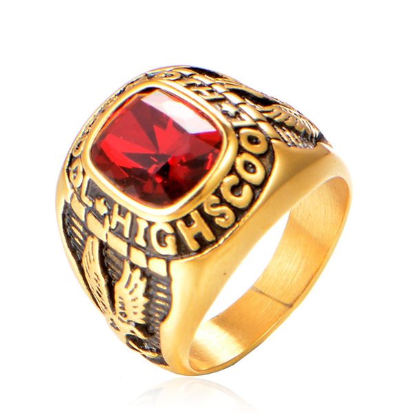 Anillo de la escuela secundaria de los soldados estadounidenses únicos de acero inoxidable Anillos de pájaros animales punk góticos águila militar de los hombres de la vendimia joyas con piedra de diamante rojo verde negro azul