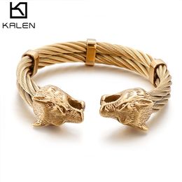 Rvs Viking Wolf Bangle Man Kabel Draad Goud/Zwart/Zilver Kleur Dier Manchet Armband Mannen Sieraden 210918