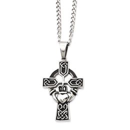 Pendentif croix de Claddagh vintage en acier inoxydable, chaîne de câble de 20 pouces, breloque celtique, bijoux de mode pour femmes, cadeaux pour elle