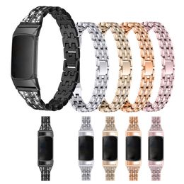 Roestvrijstalen horlogeband Diamond Armband voor Fitbit Charge 5 Watch Band Five Bead Twee rij Diamanten Dames Polsband Smart Accessoires