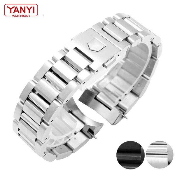 Bracelet de montre en acier inoxydable 22mm, bande en métal solide, extrémité incurvée, Bracelet de montre pour hommes, couleur argent et noir, H0915