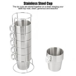 Taza de agua de acero inoxidable, café de doble capa, juego apilable práctico antiescaldado para el hogar con soporte, tazas, platillos