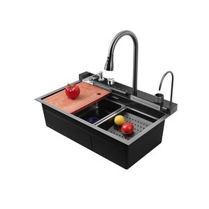 Fregadero de cocina de cascada de acero inoxidable, gran ranura única, pantalla Digital integrada, juego de grifería, dispensador de jabón, lavadora de tazas