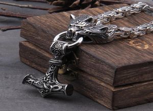 Roestvrij stalen wolfskop met vierkante ketting hamer mjolnir vikingketting met houten kist als vriendje cadeau6407889