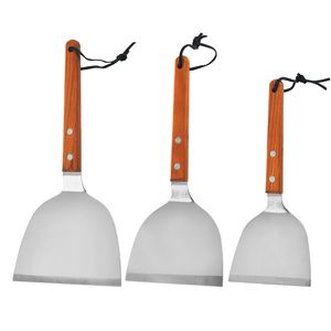 Manche en bois en acier inoxydable Pelle Teppanyaki Spatule à frire antidérapante Oeuf Poisson Crêpes Turners Cuisine Ustensiles de cuisine LX6369