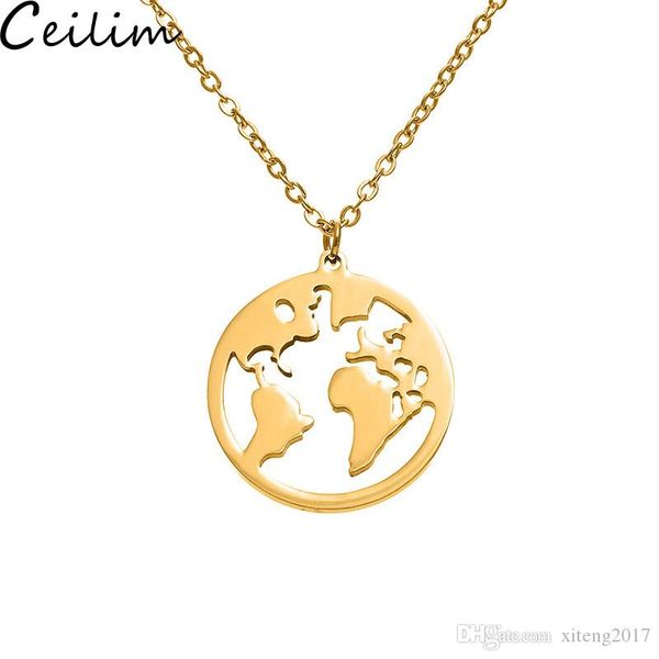 Acier inoxydable carte du monde pendentif collier femmes hommes chaînes en or colliers argent or Rose Globe voyage bijoux cadeau