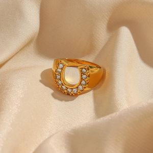 Bijoux Y2K en acier inoxydable avec lettre U pavée de cristal, anneaux de couleur or pour femmes, bijoux de fête hip hop en métal épais, 240311