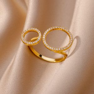Roestvrij Staal Zirkoon Dubbele Ronde Ringen Voor Vrouwen Open Vergulde Vinger Ring Eenvoudige Mode Koreaanse Sieraden Huwelijkscadeau