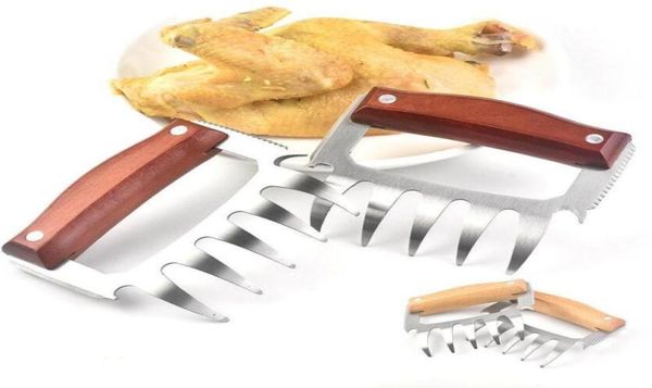 Outils en acier inoxydable Griffe d'ours en acier Manche en bois Viande divisée Déchirure Chair Multifonction boeuf Shred Porc Pince Tire-bouchon BBQ Tools1179821