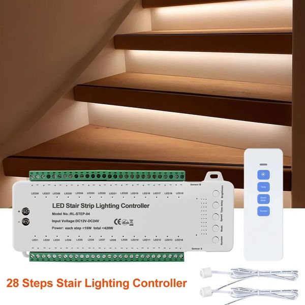 Contrôleur d'escalier 16/28 étapes, double capteur de mouvement PIR LED, bande lumineuse LED, télécommande RF, plusieurs modes, marche d'escalier