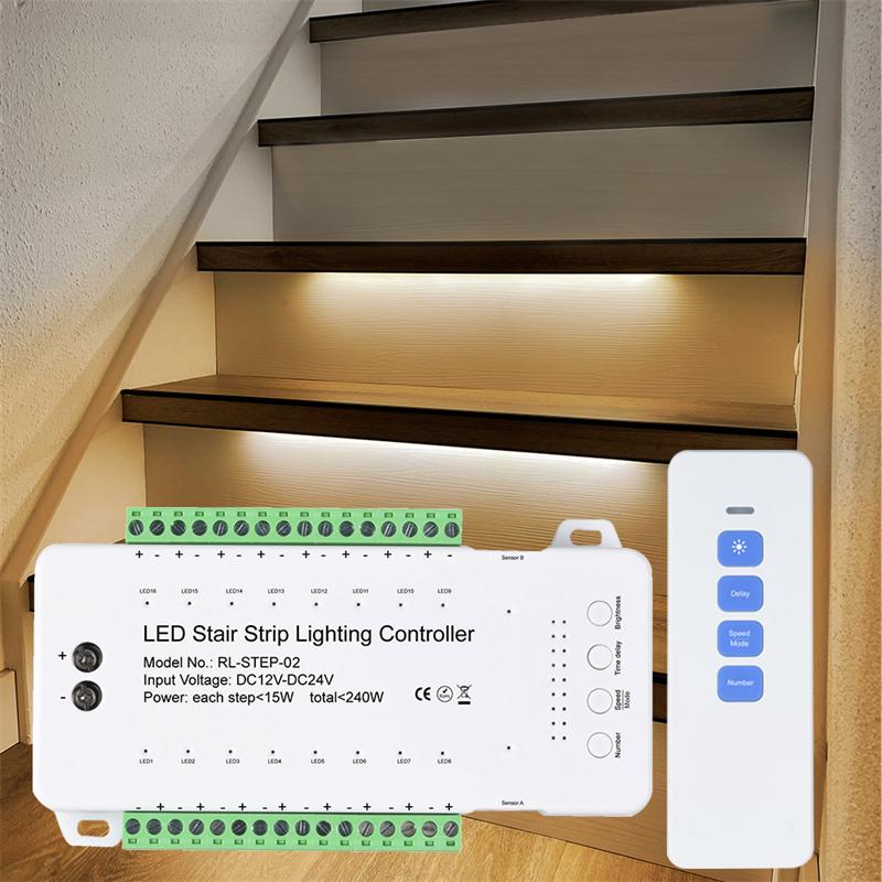 Controlador de sensor de luz de escada, desligamento automático, interruptor de sensor de movimento, sistema de iluminação para escadas de casa, controle máximo de 16 e 28 passos