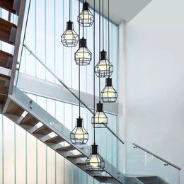 Lampe à suspension longue pour escaliers, moderne, minimaliste, bâtiment Duplex, américain, rétro, Style industriel nordique, lustre d'appartement créatif