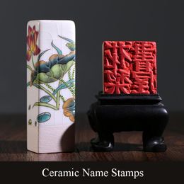 Stamping 3 en 1 Nombres de sellos de cerámica blanca con borla de tinta roja caligrafía pintura firma nombre de bebé focas de bricolaje regalos personalizados