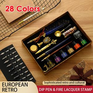 Stamps European Mechanical Punk Style Quill Fountain Pen Dipping Fountain Feather Dip Pen Calligraphy Letter Writer Wax Seal Stamp Kit 230710