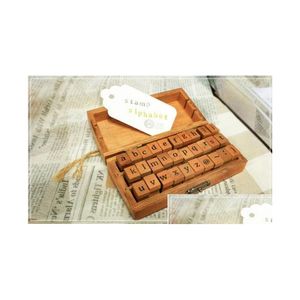 Stempels snelle groothandel creatieve kleine letters hoofdletters alfabet houten rubberen set met houten doos 50sets/lot sn2635 drop levering office s dh8hm