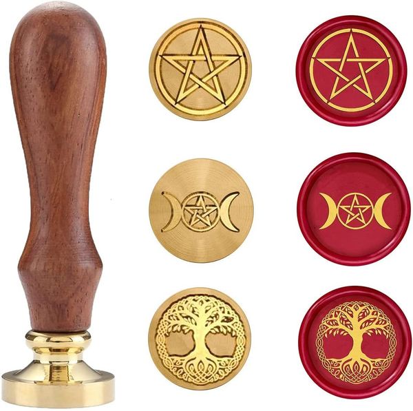 Timbres sceau de cire ensemble de timbres sceaux en cuivre à sceller avec poignée en bois wiccan Triple lune pentagramme arbre de vie 230703