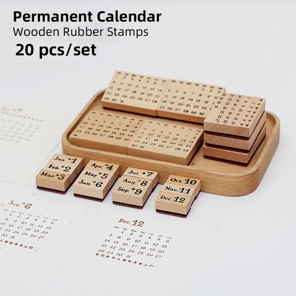 Timbres Yoofun 20 Pcset Calendrier Permanent En Bois Caoutchouc Scrapbooking Décoration Bullet Journaling DIY Artisanat Standard Timbre 230627