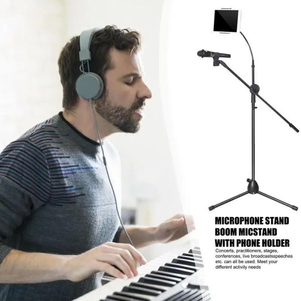 Stand 2 en 1 métal microphone stand de micro portable micro-trépied avec support de téléphone micro rotatif réglable stand pour le streaming et le chant en direct