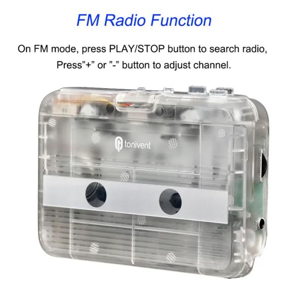 Support émetteur Bluetooth lecteur de cassettes stéréo transparent avec fonction d'inversion automatique de radio FM Lecteur de cassettes Bluetooth portable