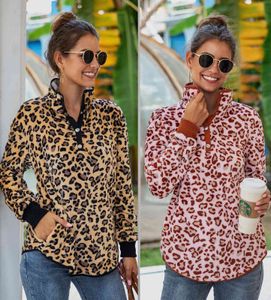 Stand Collar Button Lange mouwen Casual Leopard Sweatshirts met Zakken Warm Winter Kleding Losse Hoodies Dames Streetwear 210507