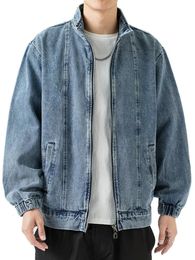 Col montant Denim veste hommes décontracté automne Zip Clre manteau ample Baggy bleu rétro homme mode vêtements 240301