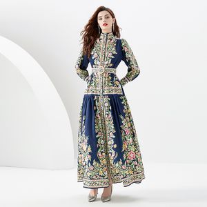 Col montant Robe Maxi florale avec ceinture femme Designer col montant mince froncé fête de vacances bleu Vintage robes longues Robe 2023 printemps automne piste Boho robes