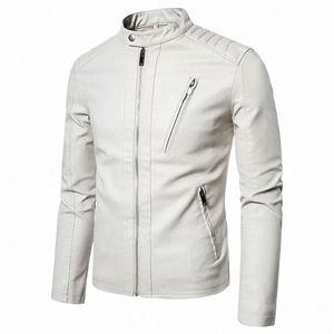 Vestes à col montant Fi Casual Tendance Blanc Manteau coupe-vent Streetwear Printemps Automne Veste en cuir de moto pour hommes Solide H5Fl #