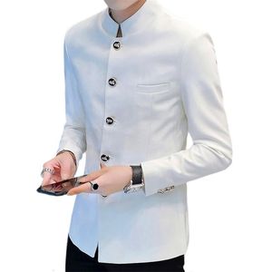 Col montant Hommes Casual Blazer Style chinois Slim Fit Tunique Costume Veste Automne Printemps Mâle Vêtements d'extérieur Blanc / Noir 211120