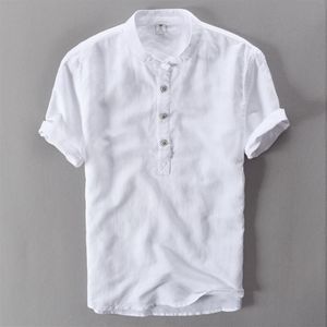 Chemise à manches courtes en lin et coton pour hommes, col montant, avec bouton, blanc, vert, bleu, chemises décontractées d'été, New309P