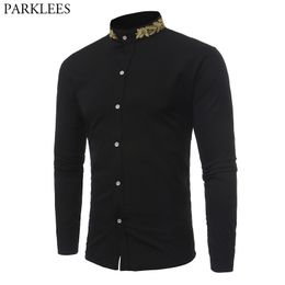 Stand Collar Men Shirt Brand New Gold Bordado Hombres Camisa Manga larga Slim Fit Algodón Camisas masculinas Casual Mens Dress Shirts 201120