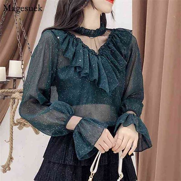 Col montant Office Lady Blouses Femme Style coréen All-Match Mesh Couture Chemises Solide Sexy Dentelle 10612 210518
