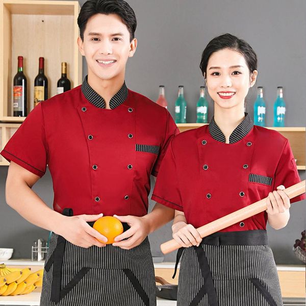 Collier de support à manches courtes à double seins Pocket Pocket Chef Uniforme Femmes Men Service Bakery Brewper Chef Shirt Work Clothing