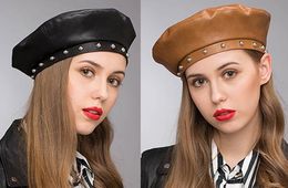 Stand focus femmes fausses étalons en cuir benberais peintre plat boulanger garçon chapeau newsboy cap dames mode automne hiver noir marron st6360194